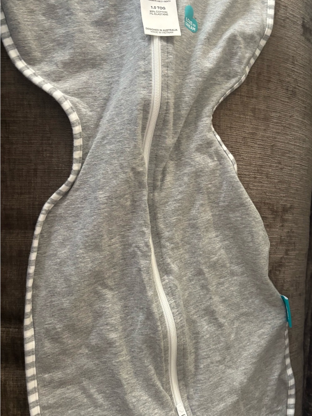 Love to Dream Grey Zip-Front Baby Sleep Sack with Striped Trim